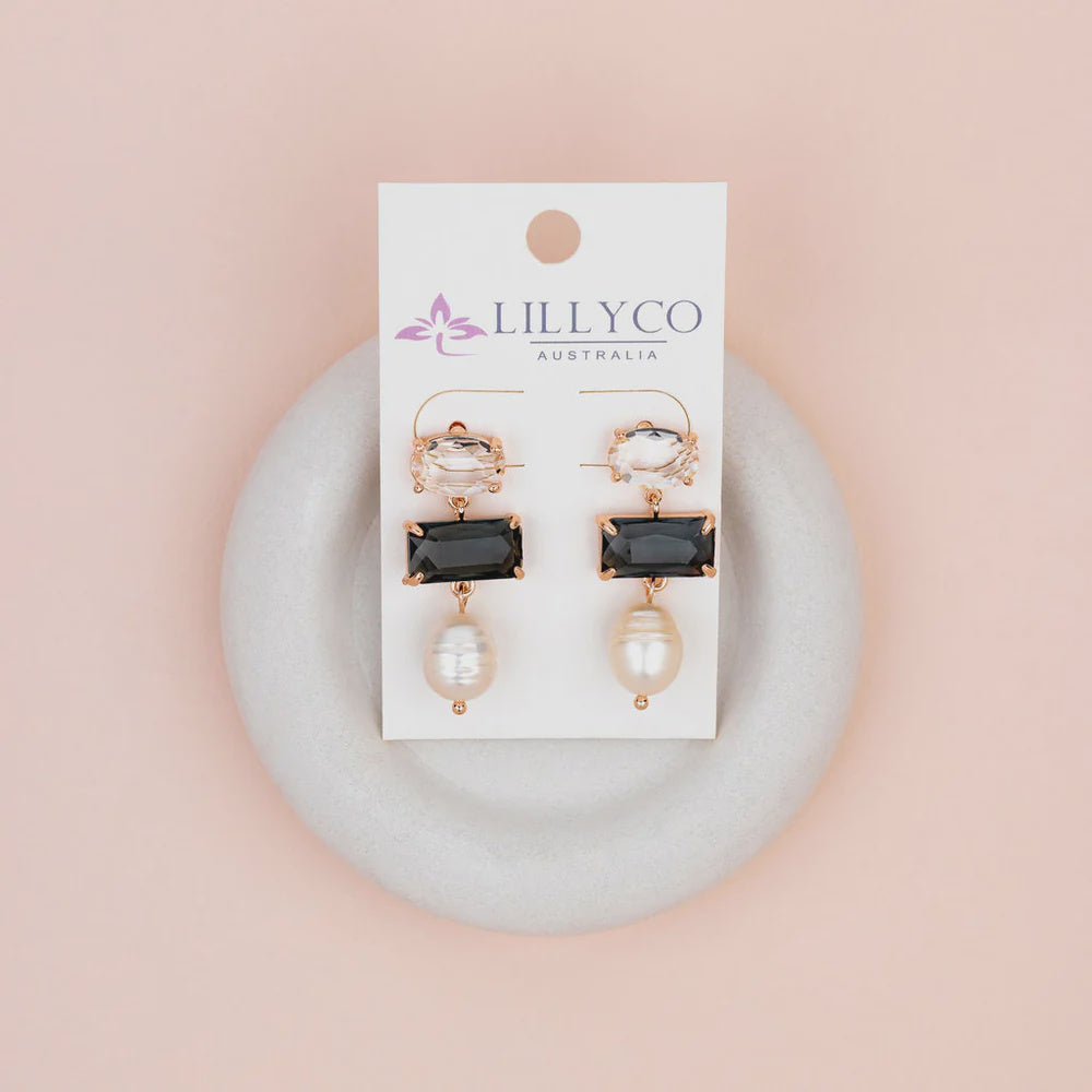 Black Crystal, Clear Crystal & Pearl Drop Earrings