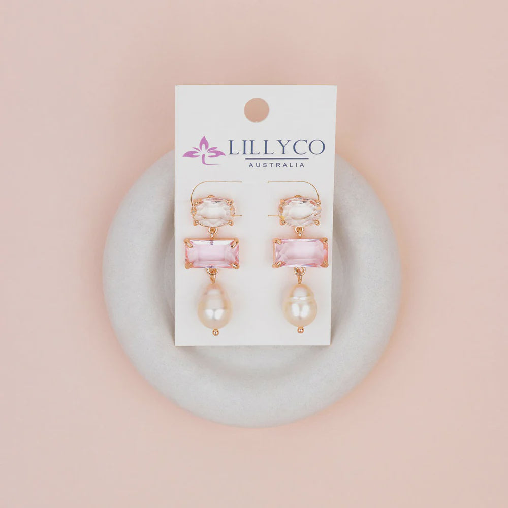 Pink Crystal, Clear Crystal & Pearl Drop Earrings