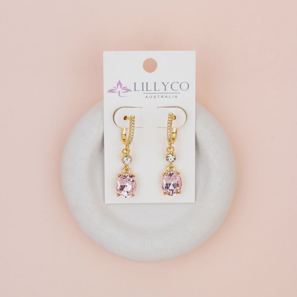 Yellow Gold Plating with Clear & Pink Crystal Earrings