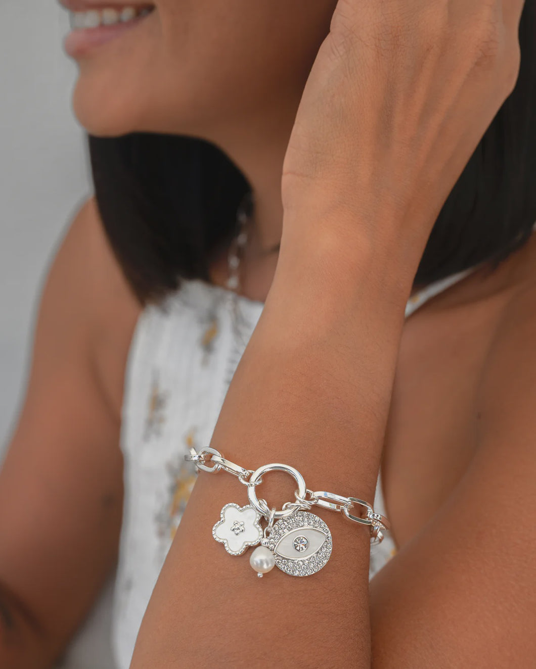 Silver Crystal Eye Charm Bracelet