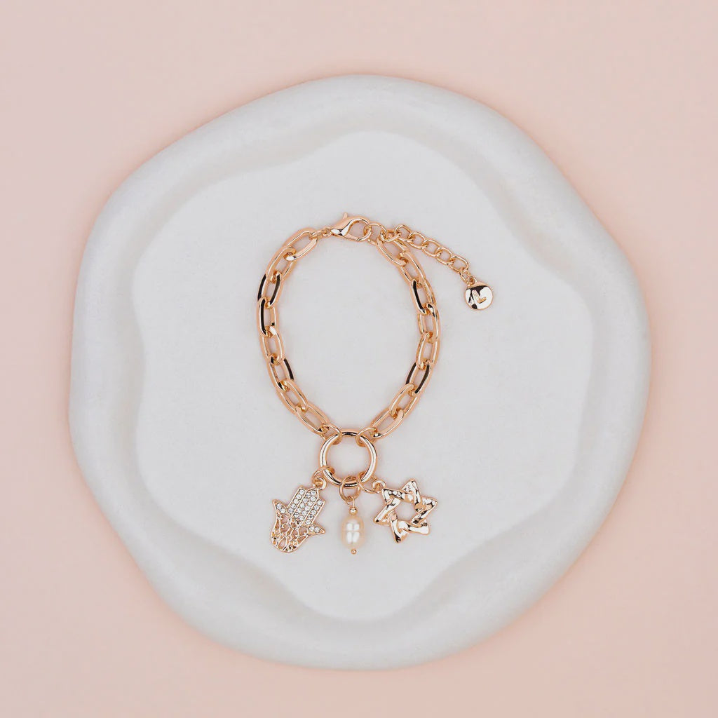 Rose Gold Hamsa Hand and Star Charm Bracelet