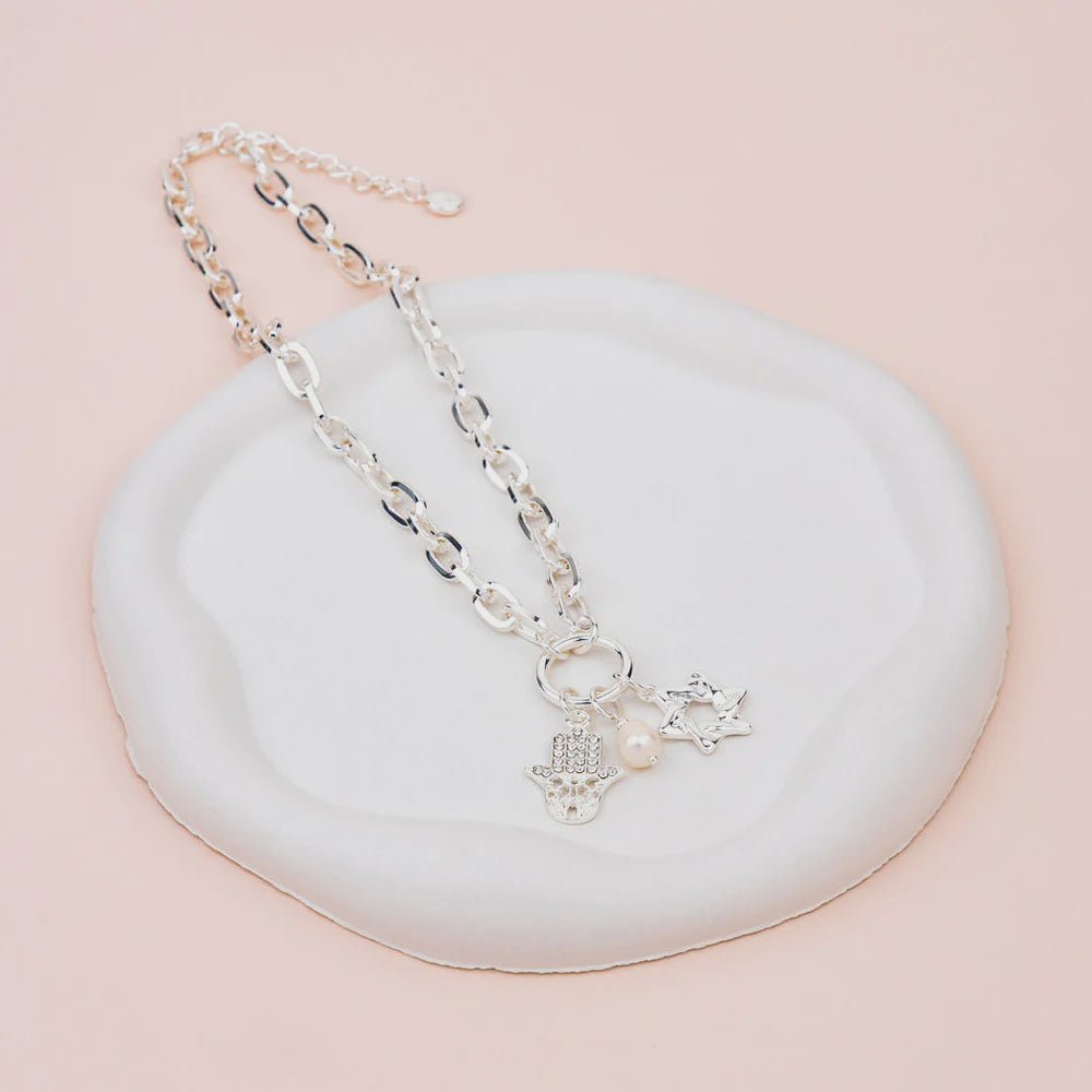 SHORT | Silver Hamsa Hand and Star Charm Necklace