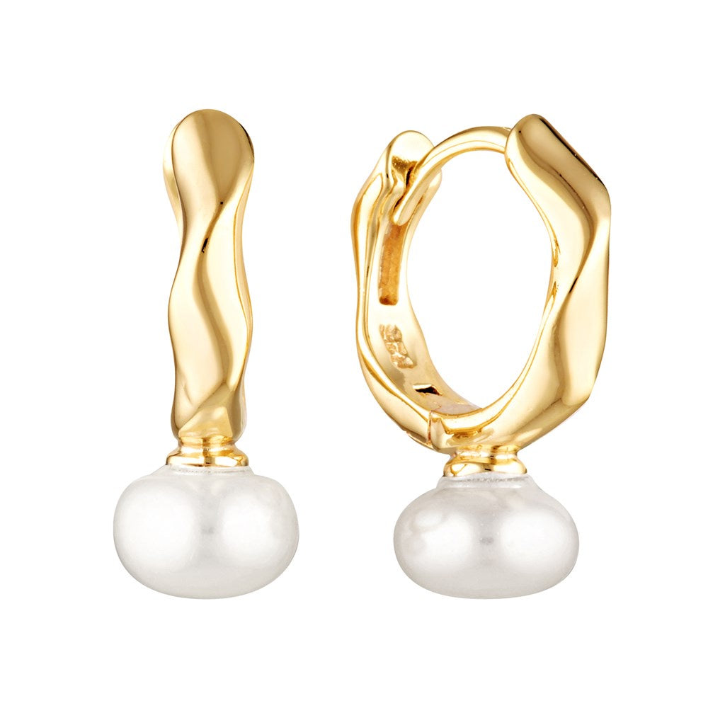 Zig Zag Pearl Drop Gold Huggie Hoop Earrings